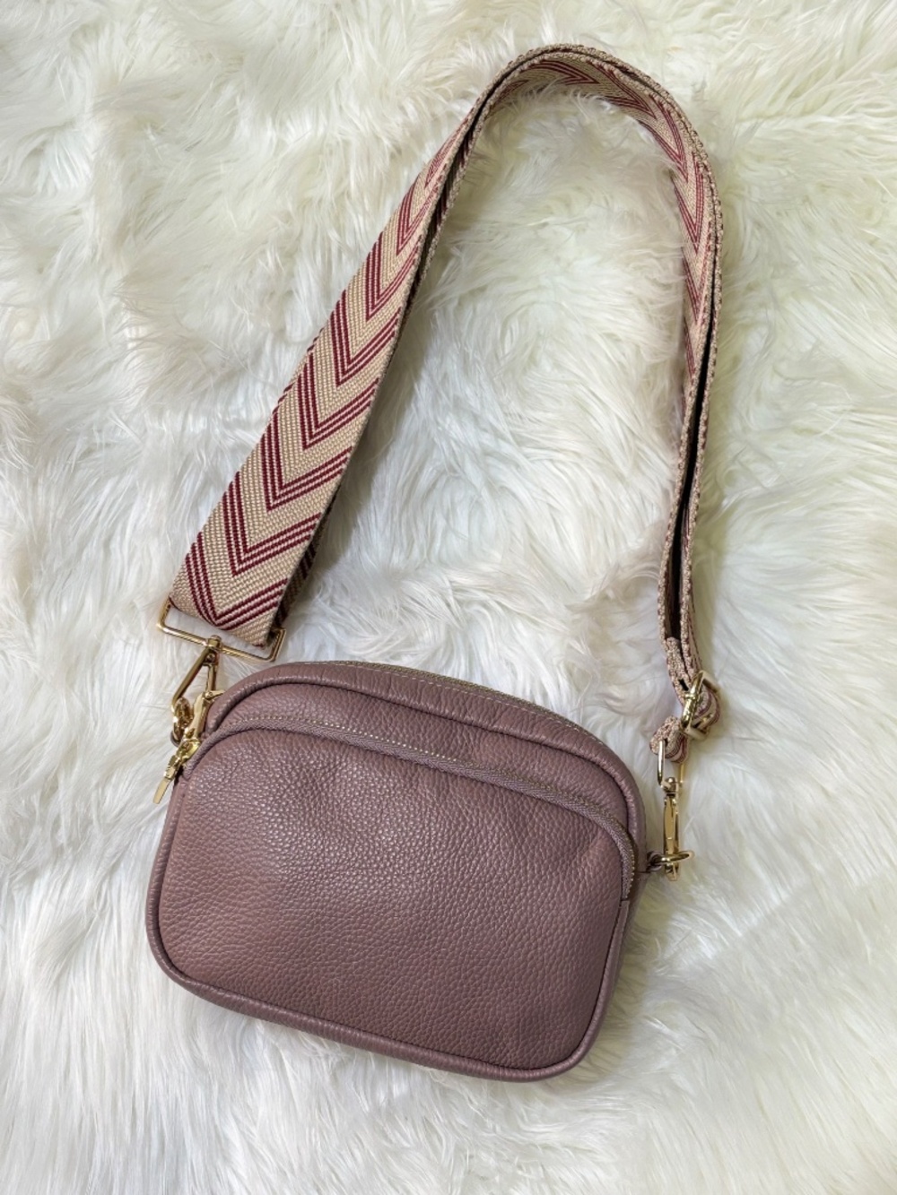 NWOT [Pom Pom · London] Leather Tan & Gold Chevron Crossbody Bag | Mauve Purse - Picture 3 of 16